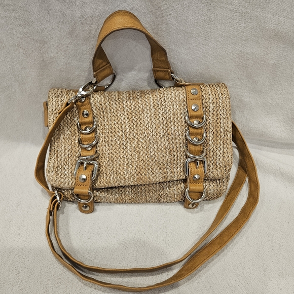 Olivia + Joy Handbags - Olivia + Joy Tan and Brown Woven Crossbody Bag With Buckle And Ring Accents